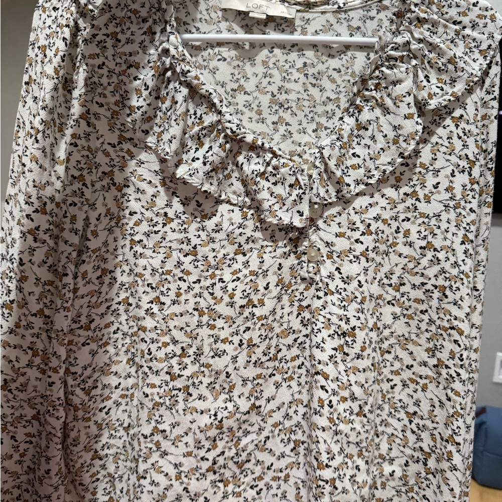 LOFT Floral Ruffle Blouse - white and Black